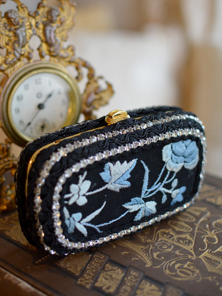 19 th. C. Hand Embroidered Black Silk with Elaborate Denim Blue Floral Minaudiere - SOLD