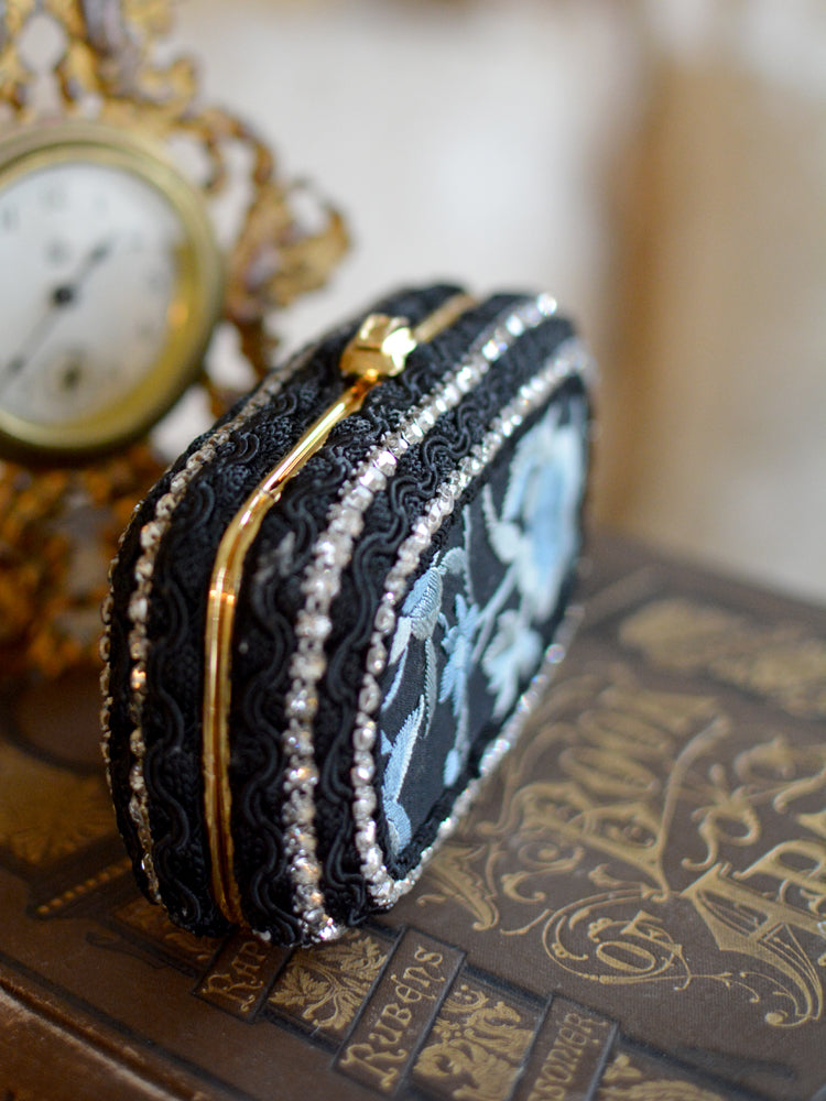 19 th. C. Hand Embroidered Black Silk with Elaborate Denim Blue Floral Minaudiere - SOLD