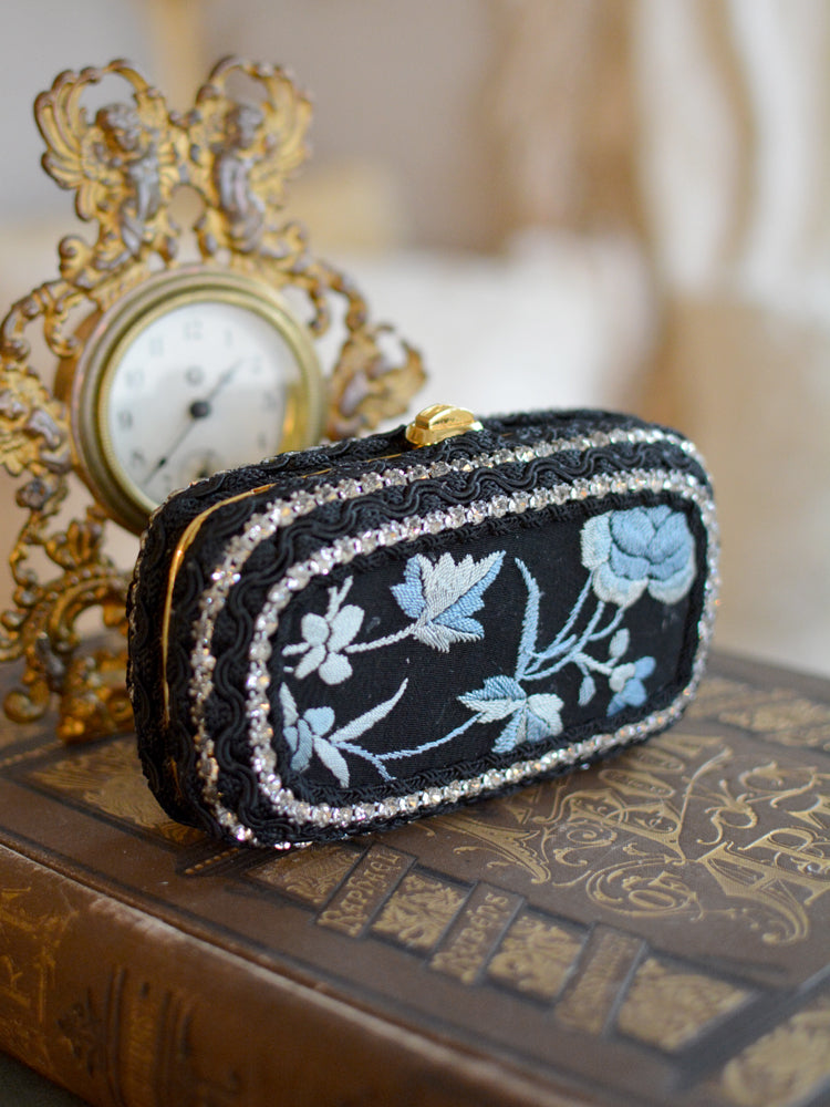 19 th. C. Hand Embroidered Black Silk with Elaborate Denim Blue Floral Minaudiere - SOLD