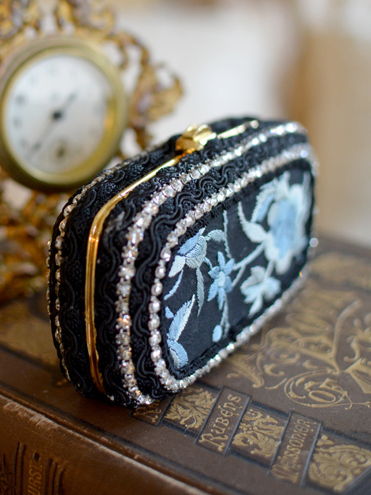 19 th. C. Hand Embroidered Black Silk with Elaborate Denim Blue Floral Minaudiere - SOLD