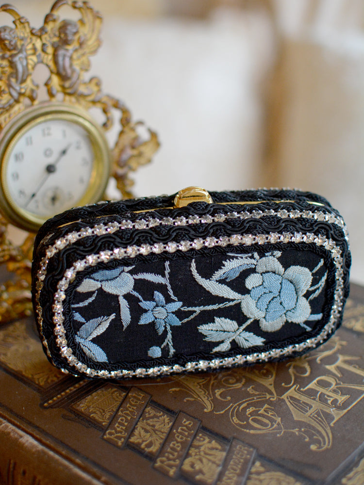 19 th. C. Hand Embroidered Black Silk with Elaborate Denim Blue Floral Minaudiere - SOLD