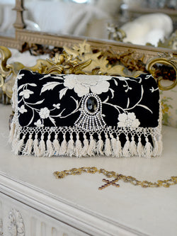 Antique Black Silk & Cream Embroidery Daisy Clutch with French Medallion