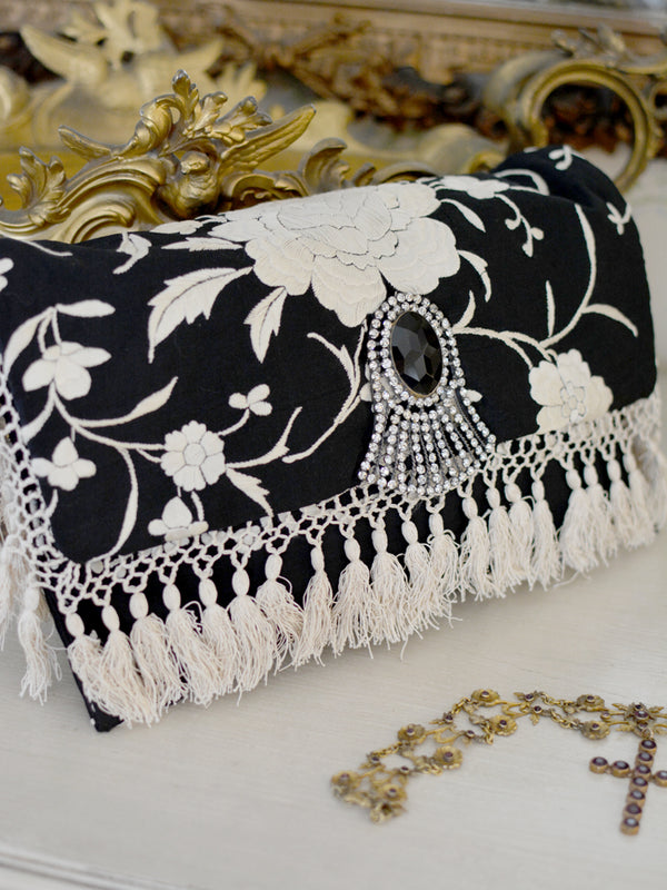 Antique Black Silk & Cream Embroidered Daisy Clutch with Rare French Paste Medallion