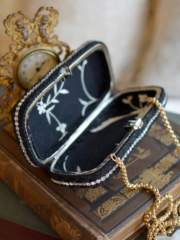 Petite Minaudière in Antique Black Silk Crepe with Cream Embroidery and French Figural Corner Mount