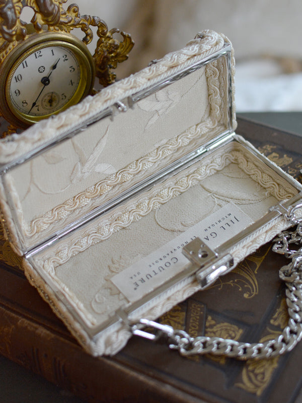 Rare 19 th. C. Art Nouveau Faceted Black Jet upon Hand Embroidered Silk Needlelace Minaudiere