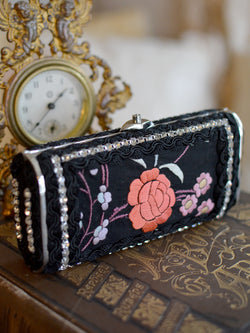 Antique Black Silk with Rose, Sage & Lavender Embroidery Minaudiere