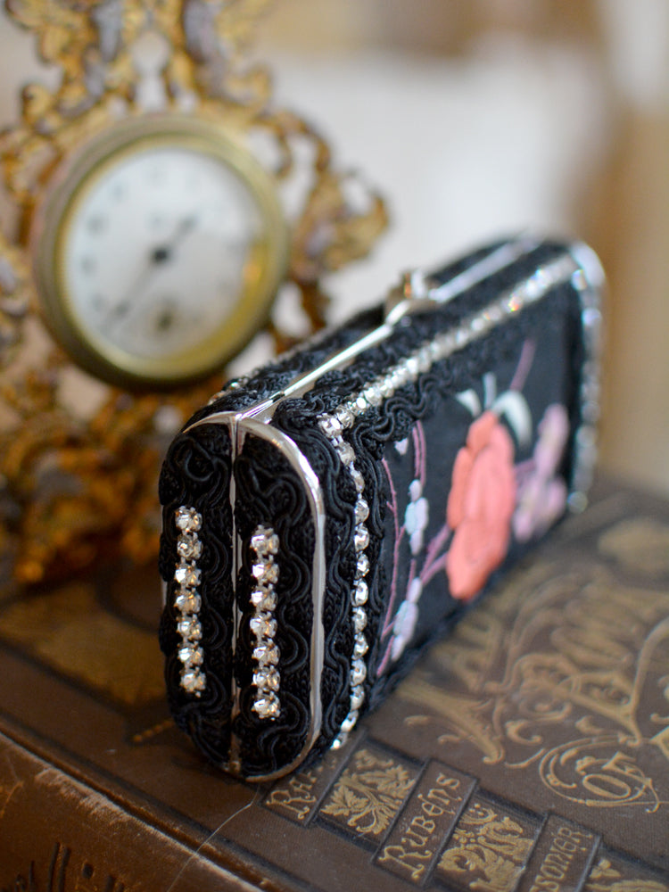 Antique Black Silk with Rose, Sage & Lavender Embroidery Minaudiere