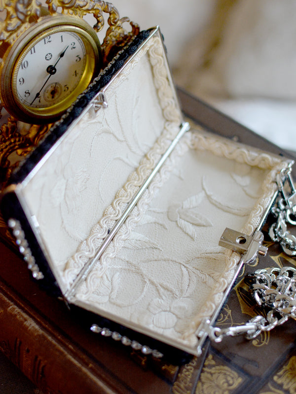 Antique 19 th. C. Black Silk with Elaborate Rose, Sage & Lavender Hand Embroidery Minaudiere