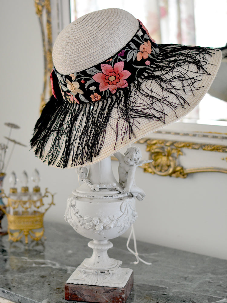 Black Floral Straw Hat