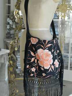 Early 20 th. C. Hand Embroidered Black Silk Crepe Colette Messenger Bag with Elaborate Silk Fringes