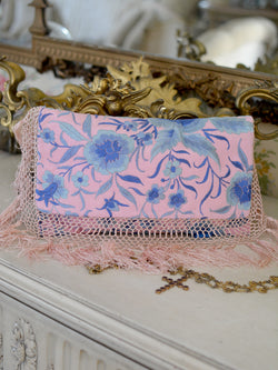 Antique Pink Silk with Blue Hand Embroidered Floral Daisy Clutch