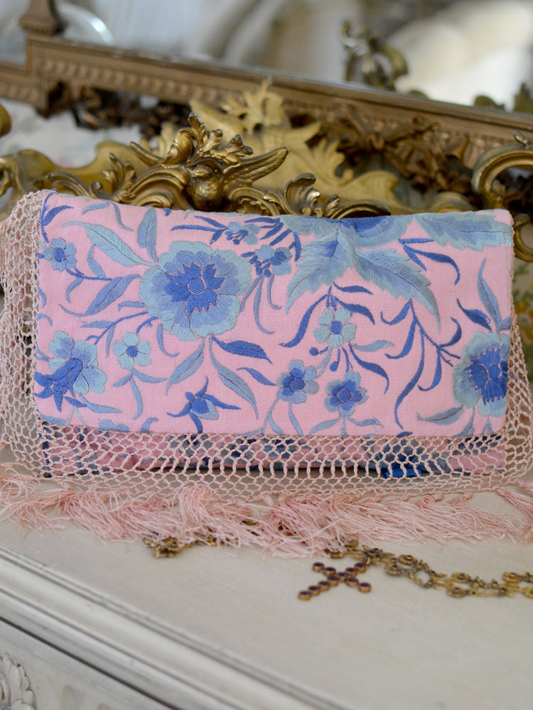 Antique Pink Silk with Blue Hand Embroidered Floral Daisy Clutch