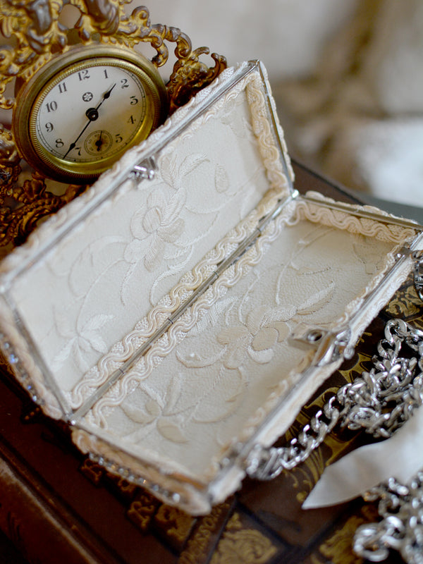 Antique 19 th. C. Hand Embroidered Silk with Lace Overlay French Jeweled Papillon Minaudiere