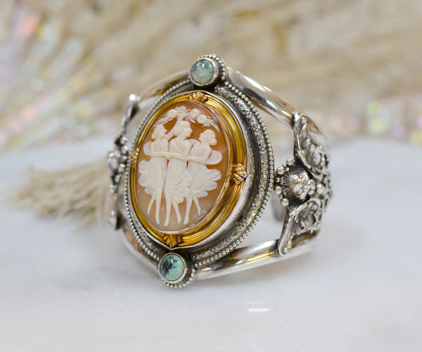 19 th. C. Venetian Three Graces Cameo Cuff with Figural Angels and Turquoise - SOLD