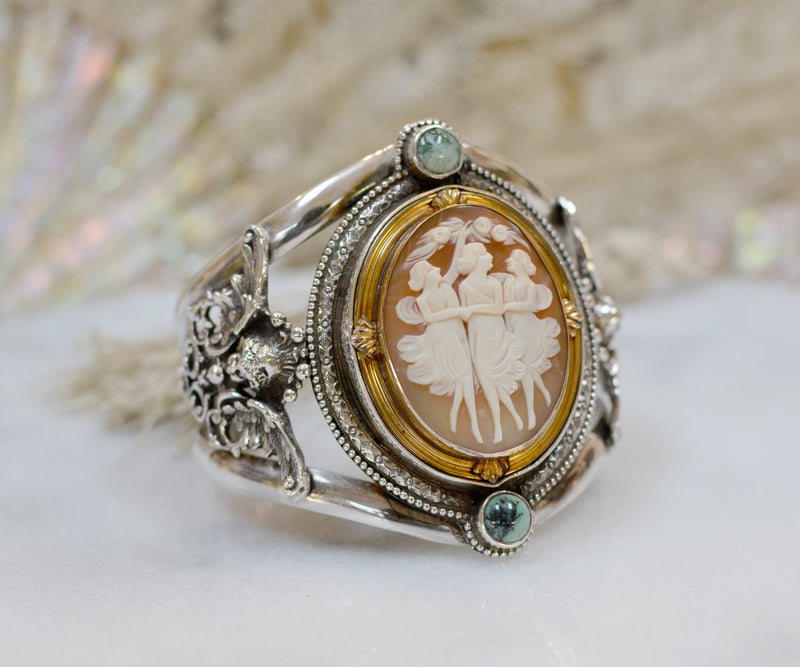 19 th. C. Venetian Three Graces Cameo Cuff with Figural Angels and Turquoise - SOLD