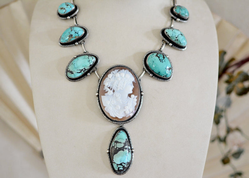 19 th. C. Venetian Goddess Cameo Lingerie Necklace with Hubai Turquoise - SOLD