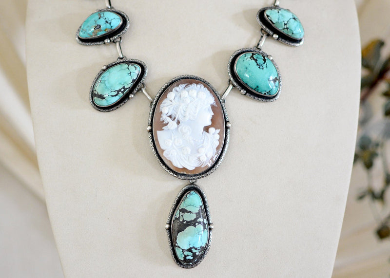 19 th. C. Venetian Goddess Cameo Lingerie Necklace with Hubai Turquoise - SOLD