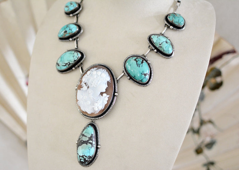 19 th. C. Venetian Goddess Cameo Lingerie Necklace with Hubai Turquoise - SOLD