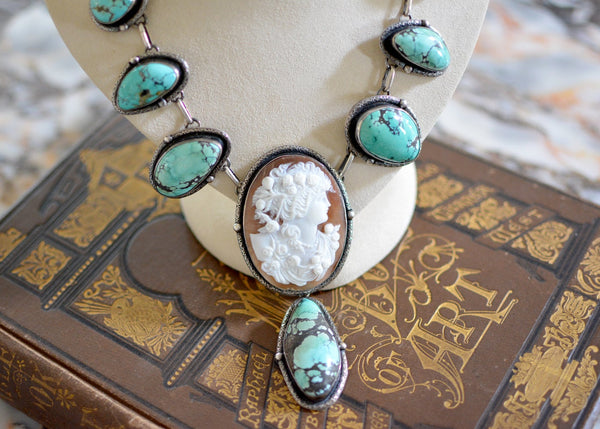 19 th. C. Venetian Goddess Cameo Lingerie Necklace with Hubai Turquoise - SOLD