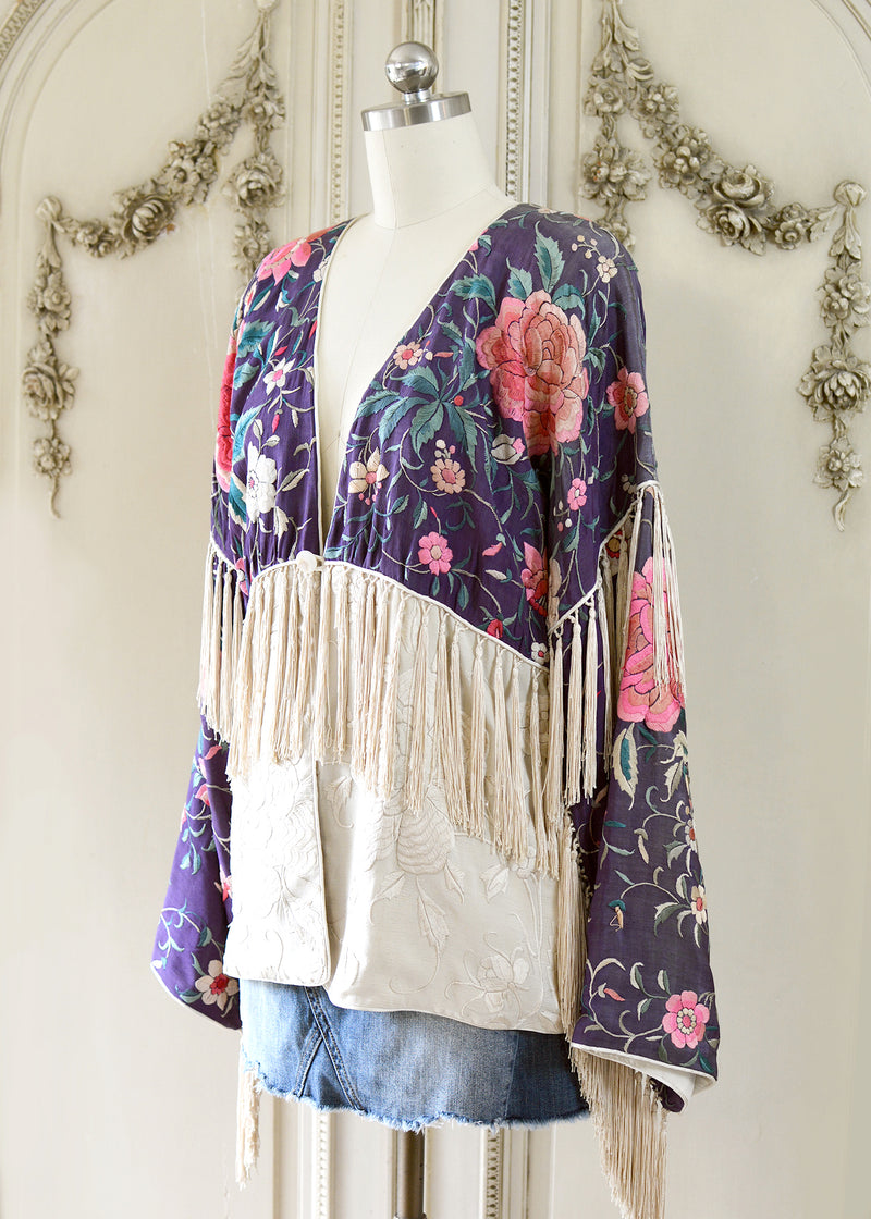 Cate Amethyst Antique Silk Crepe Jacket with Elaborate Fringe