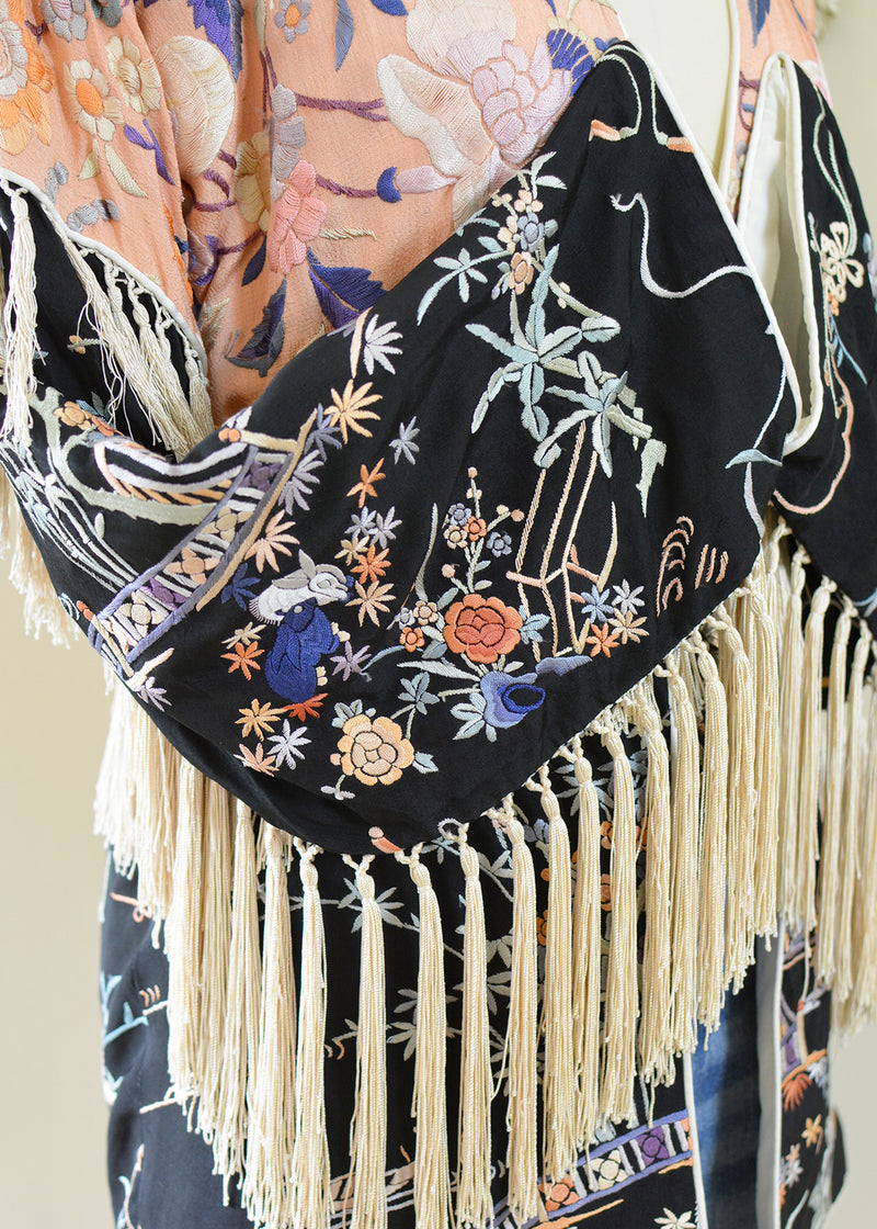 Cate Antique Hand Embroidered Silk Crepe Jacket Silk Tassel Fringes - Black & Peach