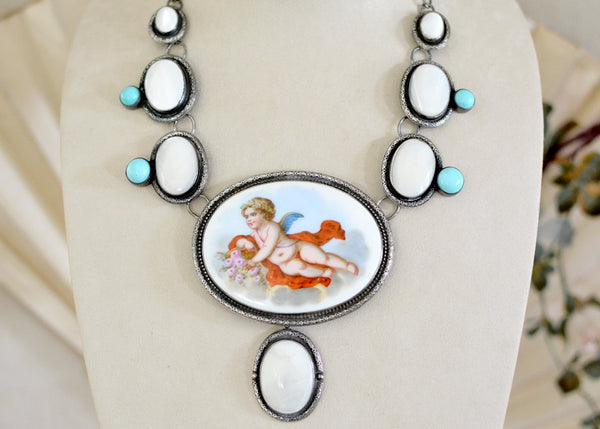 19 th. C. Venetian Cherub Portrait Necklace with Mother-of-Pearl & Turquoise