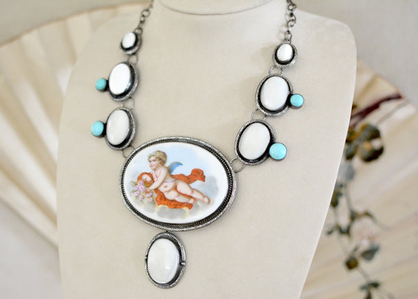 19 th. C. Venetian Cherub Portrait Necklace with Mother-of-Pearl & Turquoise