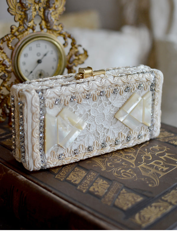 Ornamental 19 th. C.Burnished Gold with Sterling Silver Cherub Silk and Needle Lace Minaudiere