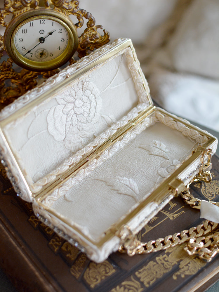 Gilded Rococo & Sterling Silver Cherub Hand Embroidered Silk Minaudiere