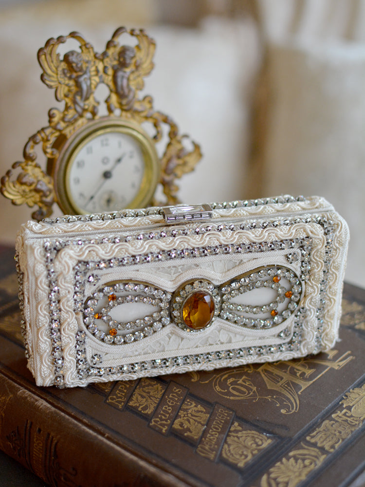 Art Nouveau French Paste Citrine & Embroidered Silk Minaudiere