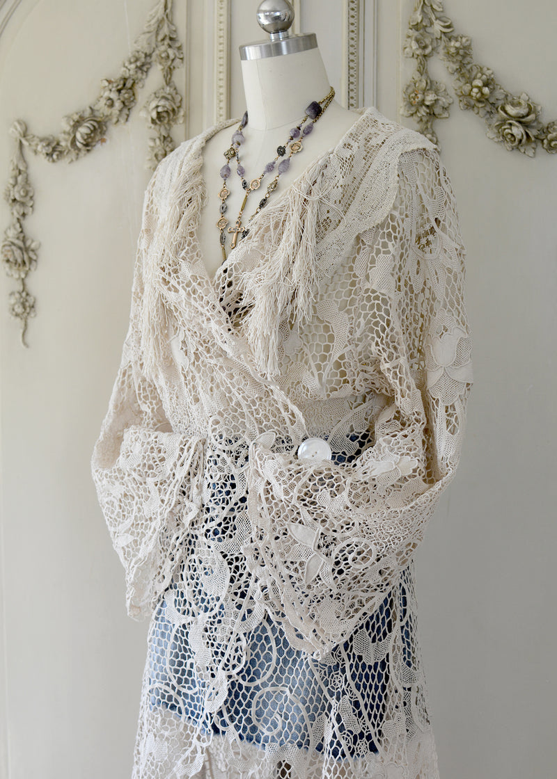 Cloe Antique Venetian Lace Duster with Edwardian Sleeves