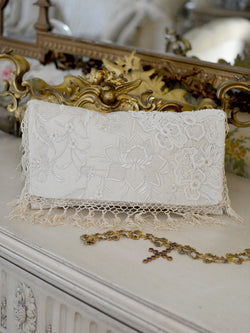Antique Cream Embroidered Silk & Lace Clutch
