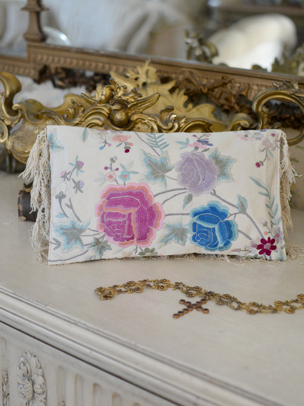 19 th. C. Cream Hand Embroidered Silk Clutch with Elaborate Lavender & Blue FloralCreme