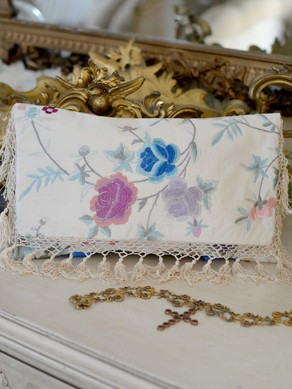 Antique Cream Hand Embroidered Silk Clutch with Lavender & Blue