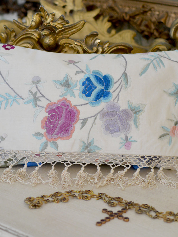 Antique Cream Hand Embroidered Silk Clutch with Lavender & Blue