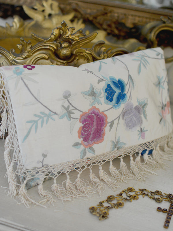 19 th. C. Cream Hand Embroidered Silk Clutch with Elaborate Lavender & Blue FloralCreme