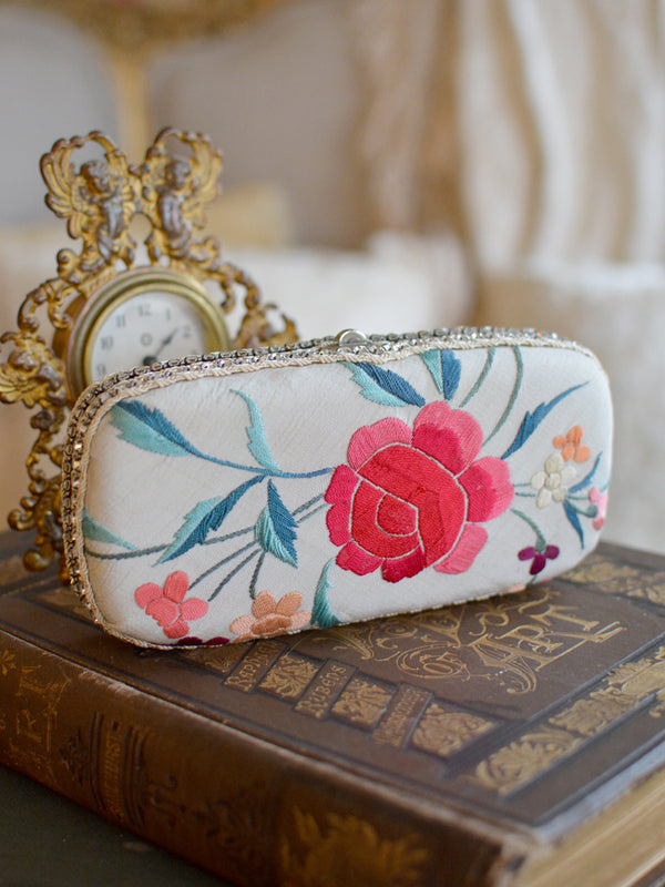 Antique Cream Silk with Jewel Tone Floral Embroidery Minaudiere