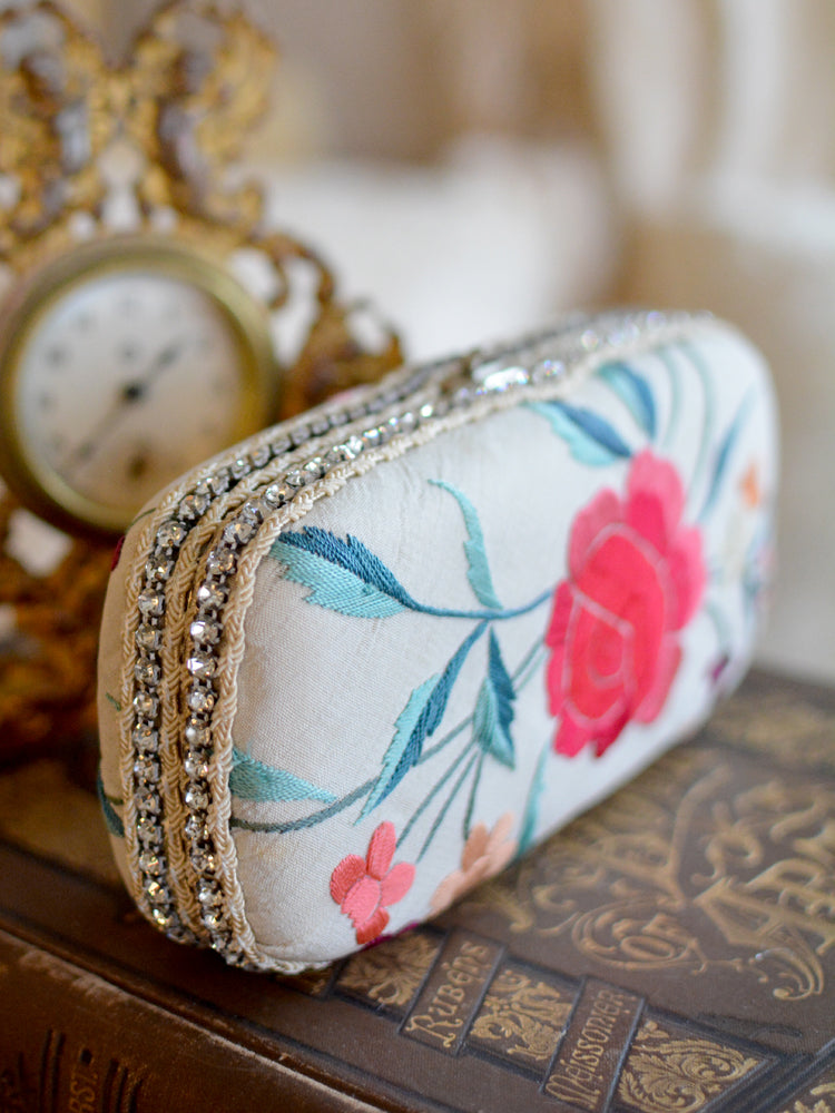 Antique Cream Silk with Jewel Tone Floral Embroidery Minaudiere