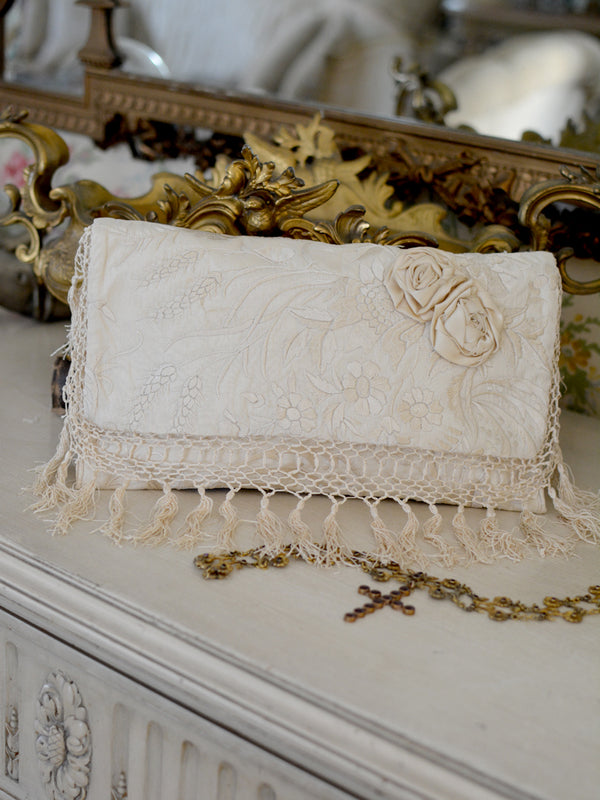 Antique Embroidered Cream Clutch with Silk Ribbon Roses