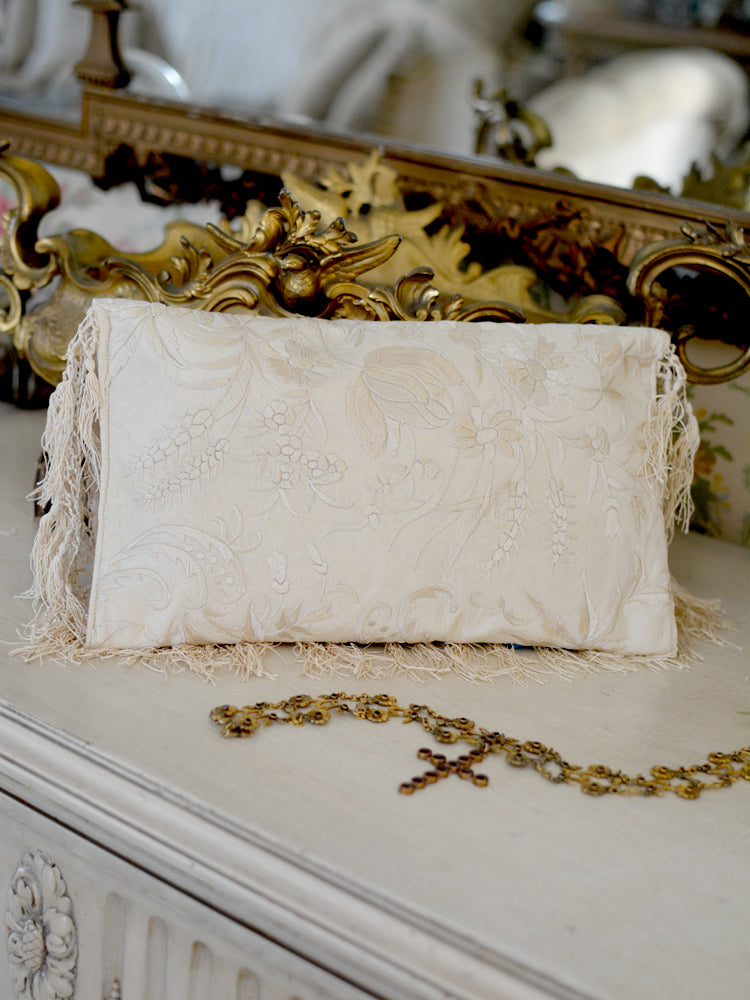 Antique Embroidered Cream Clutch with Silk Ribbon Roses