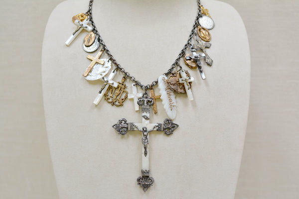 Rare Collection of 19 th. C. French Mother-of-Pearl & Gilded Talismans Necklace