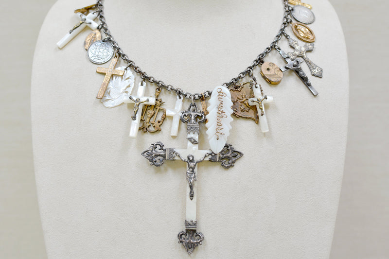 Rare Collection of 19 th. C. French Mother-of-Pearl & Gilded Talismans Necklace