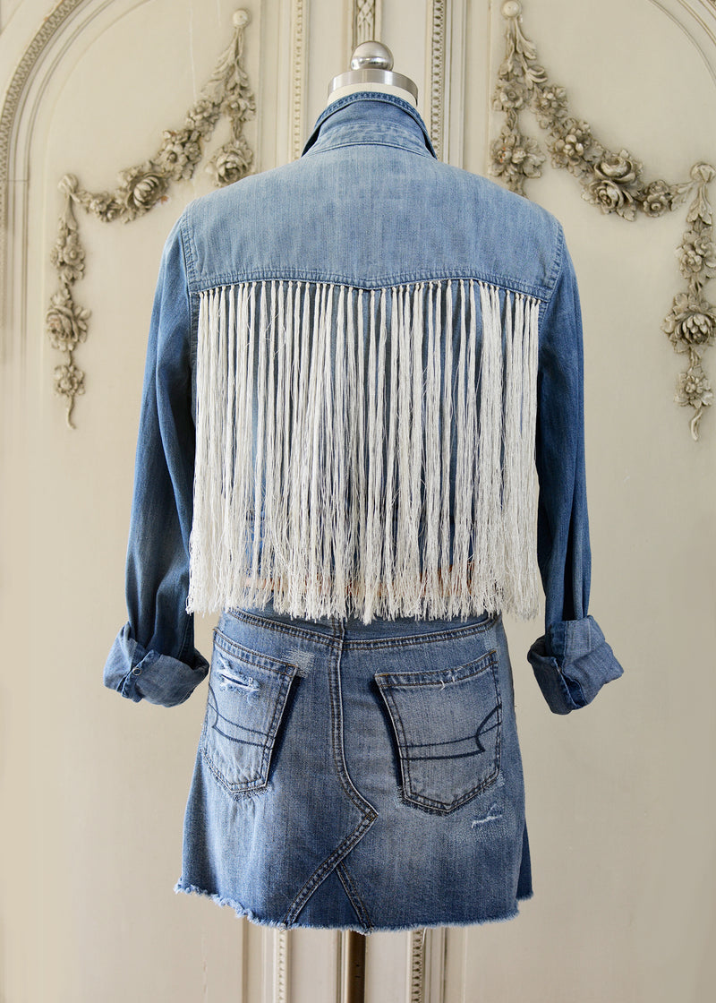 Daisy Vintage Cowgirl Denim Ranchers Shirt with Antique Silk Fringe