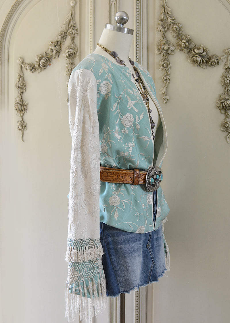 Daphne Antique Hand Embroidered Aqua & Creme Silk Crepe Jacket with Silk Tassel Fringes