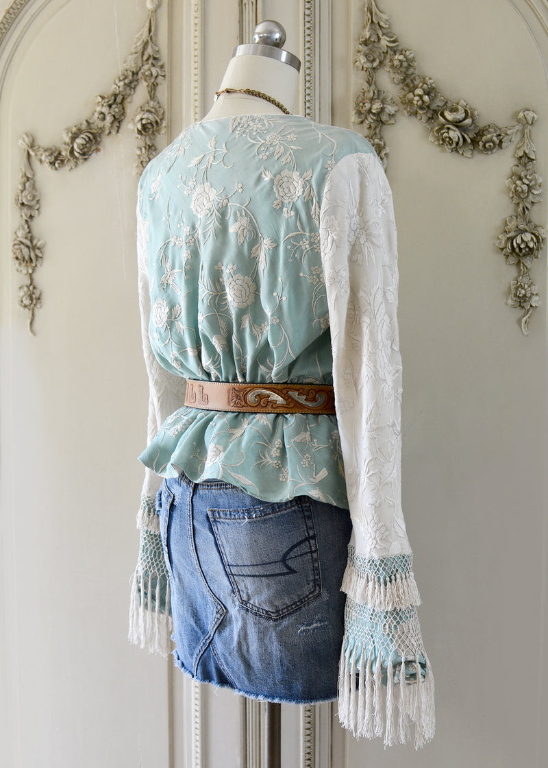 Daphne Antique Hand Embroidered Aqua & Creme Silk Crepe Jacket with Silk Tassel Fringes