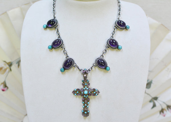 19 th. C. Austro Hungarian Bishops Cross with Amethyst and Turquoise