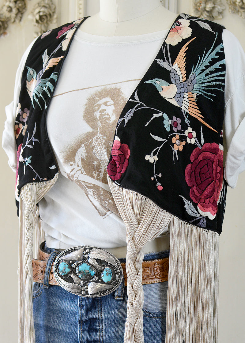 Effie Hand Embroidered Antique Silk Birds Bolero Vest with Opulent Silk Fringes