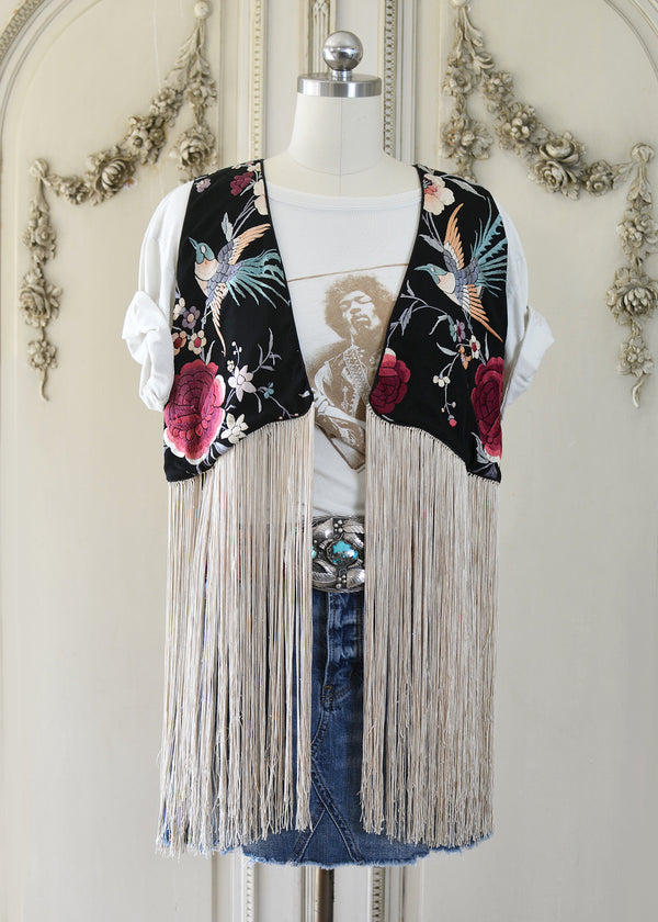 Effie Hand Embroidered Antique Silk Birds Bolero Vest with Opulent Silk Fringes