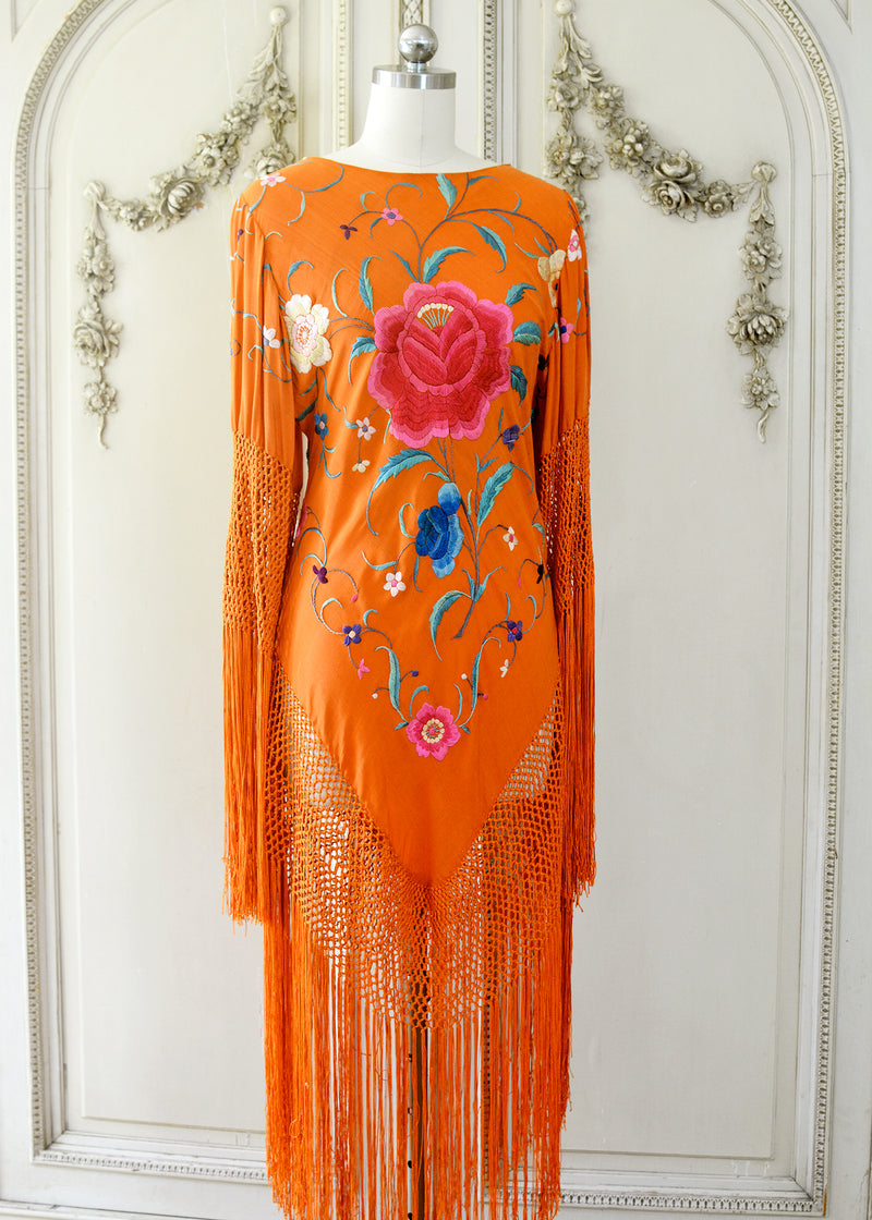 Ellie Antique Hand Embroidered Burnt Orange Silk Crepe Dress with Opulent Silk Fringes - SOLD