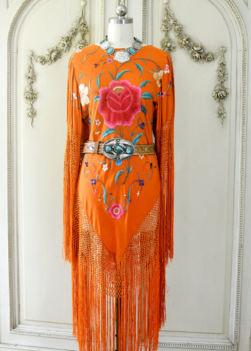 Ellie Antique Hand Embroidered Burnt Orange Silk Crepe Dress with Opul Jill Garber Couture Ellie Antique Hand Embroidered Burnt Orange Silk Crepe Dress with Opul Jill Garber Couture